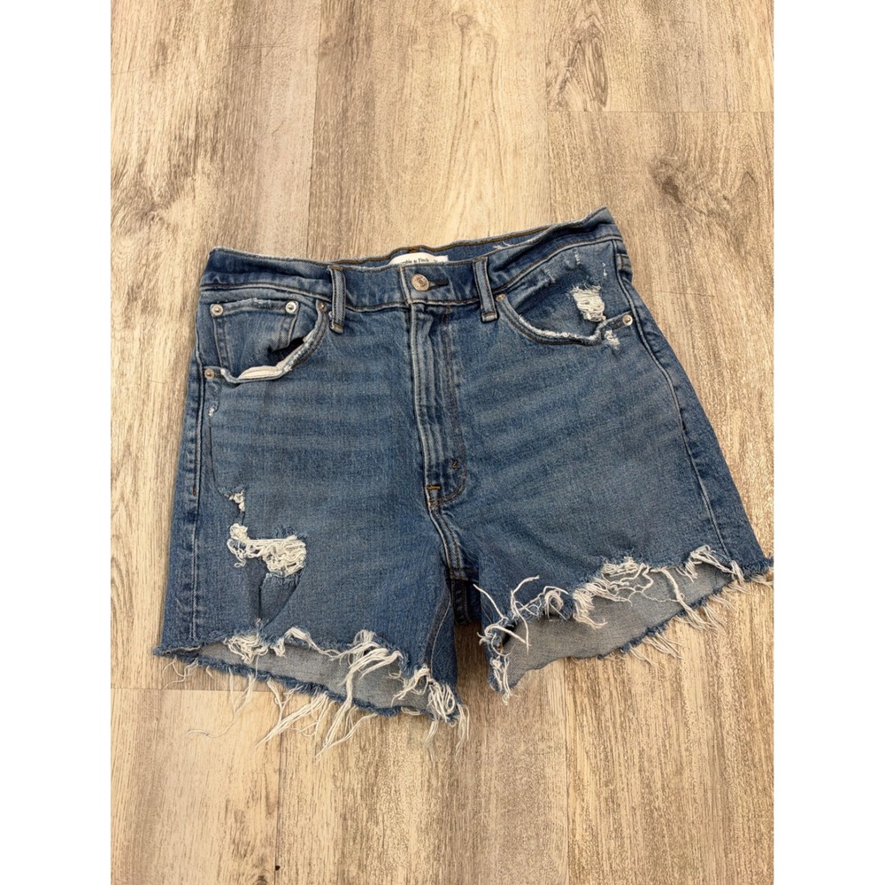 Abercrombie & Fitch The 4 Inch Mom Short High Rise Distressed Denim Blue 27 4